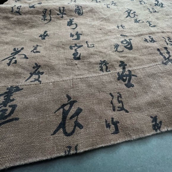 Linen Japanese Kanji Allover Print Boxy Luxury Streetwear Long Sleeve Shirt - Picture 9 of 11